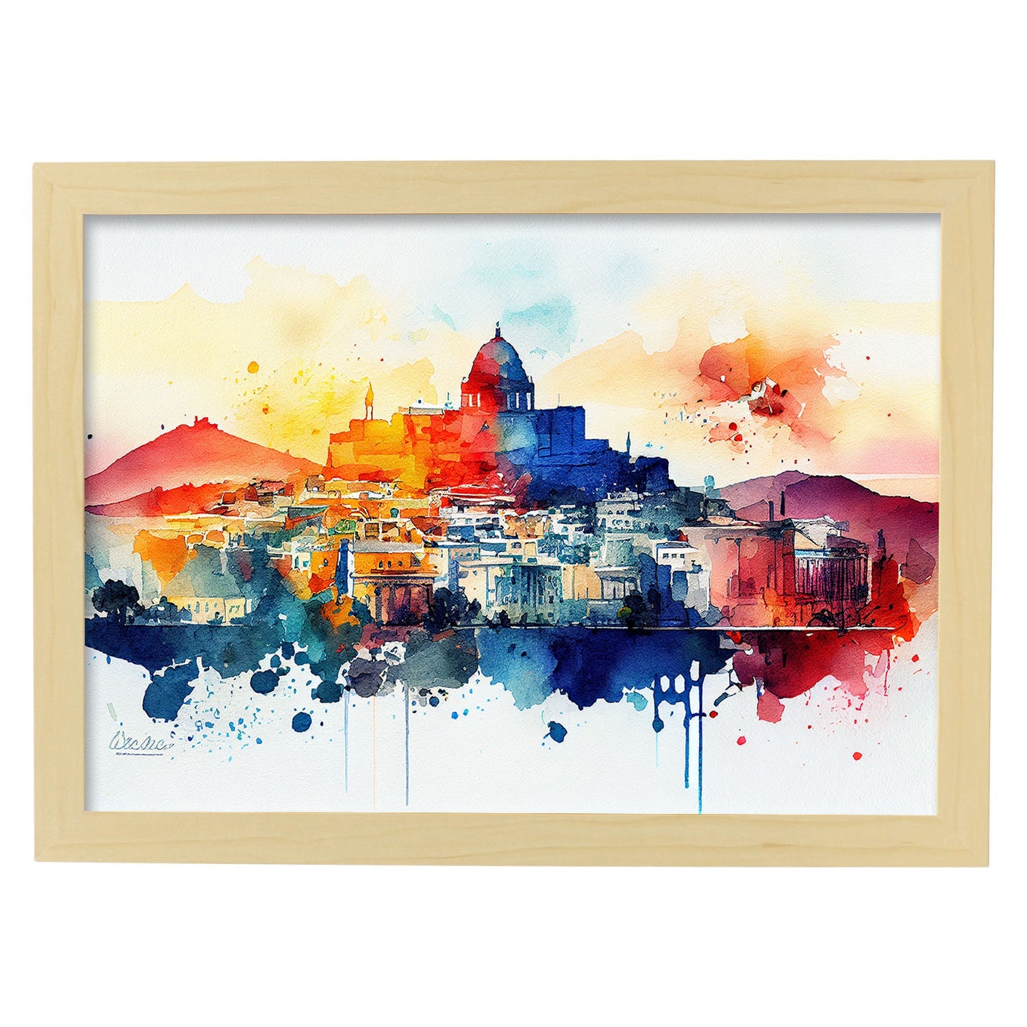 Nacnic watercolor of a skyline of the city of Athens. Aesthetic Wall Art Prints for Bedroom or Living Room Design.-Artwork-Nacnic-A4-Marco Madera Clara-Nacnic Estudio SL