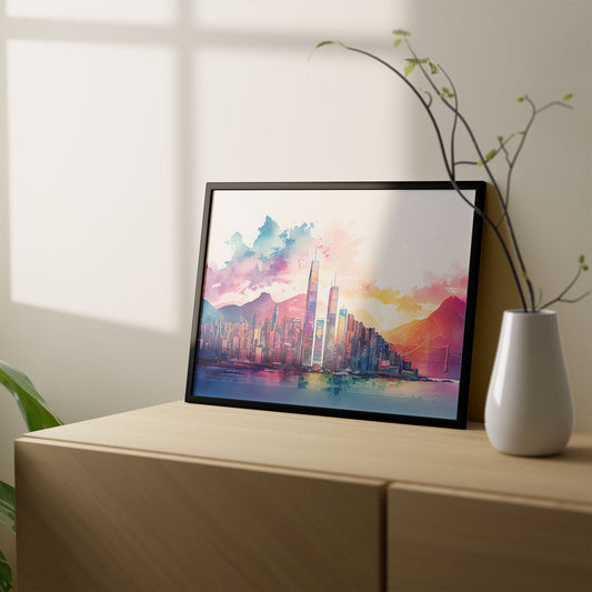Nacnic watercolor of a skyline of the city of Hong Kong_3. Aesthetic Wall Art Prints for Bedroom or Living Room Design.-Artwork-Nacnic-A4-Sin Marco-Nacnic Estudio SL