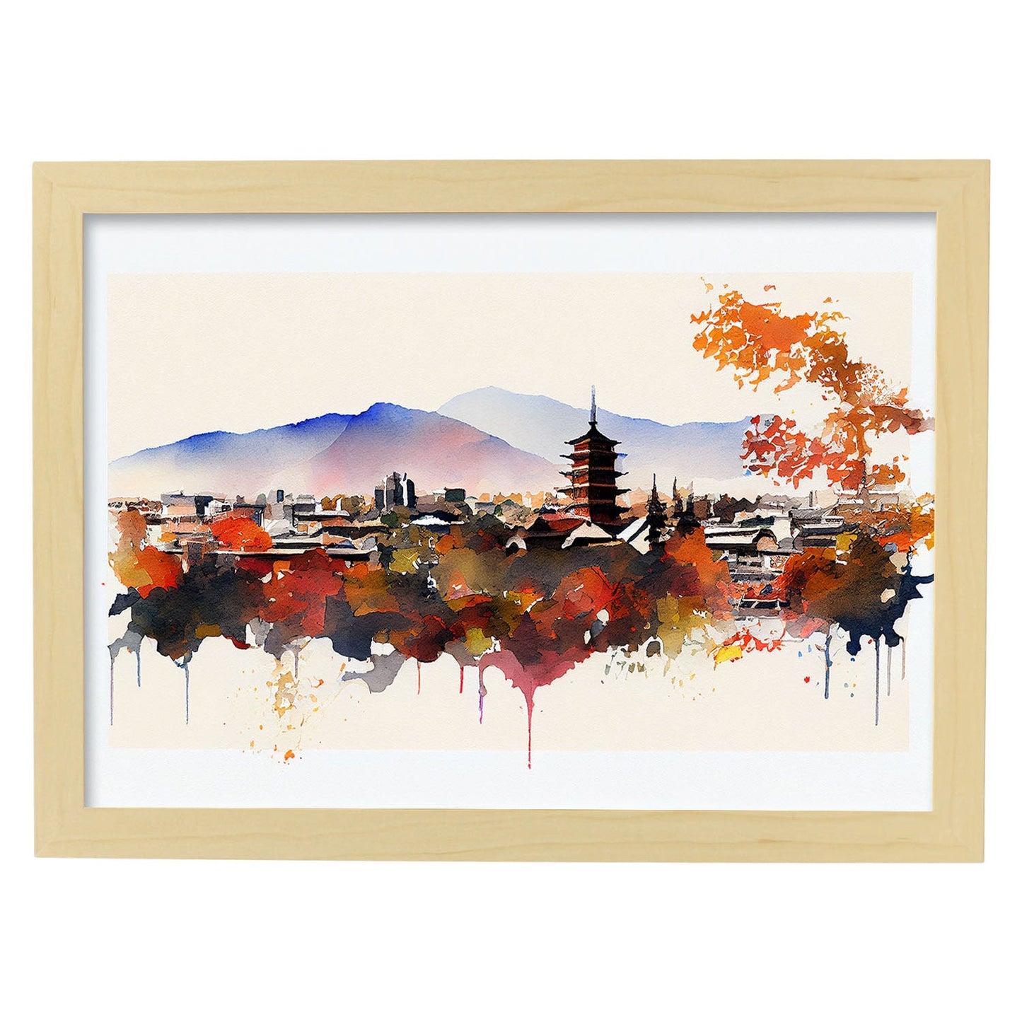 Nacnic watercolor of a skyline of the city of Kyoto_1. Aesthetic Wall Art Prints for Bedroom or Living Room Design.-Artwork-Nacnic-A4-Marco Madera Clara-Nacnic Estudio SL
