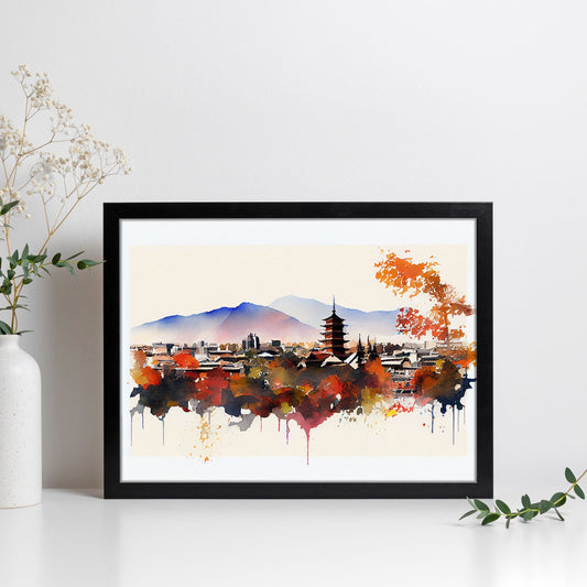 Nacnic watercolor of a skyline of the city of Kyoto_1. Aesthetic Wall Art Prints for Bedroom or Living Room Design.-Artwork-Nacnic-A4-Sin Marco-Nacnic Estudio SL