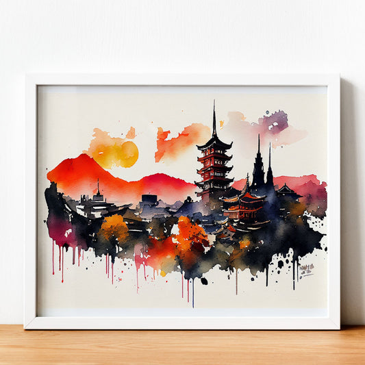 Nacnic watercolor of a skyline of the city of Kyoto_2. Aesthetic Wall Art Prints for Bedroom or Living Room Design.-Artwork-Nacnic-A4-Sin Marco-Nacnic Estudio SL