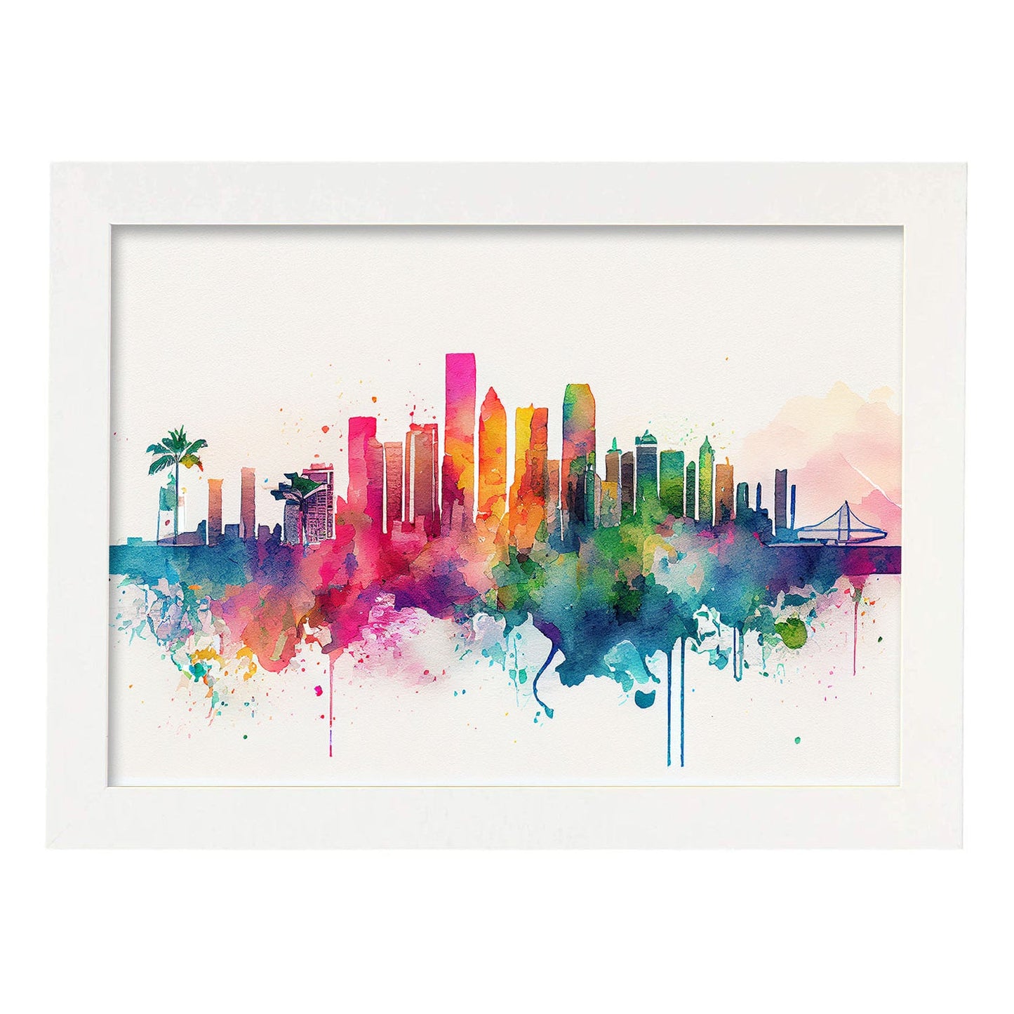 Nacnic watercolor of a skyline of the city of Miami_3. Aesthetic Wall Art Prints for Bedroom or Living Room Design.-Artwork-Nacnic-A4-Marco Blanco-Nacnic Estudio SL
