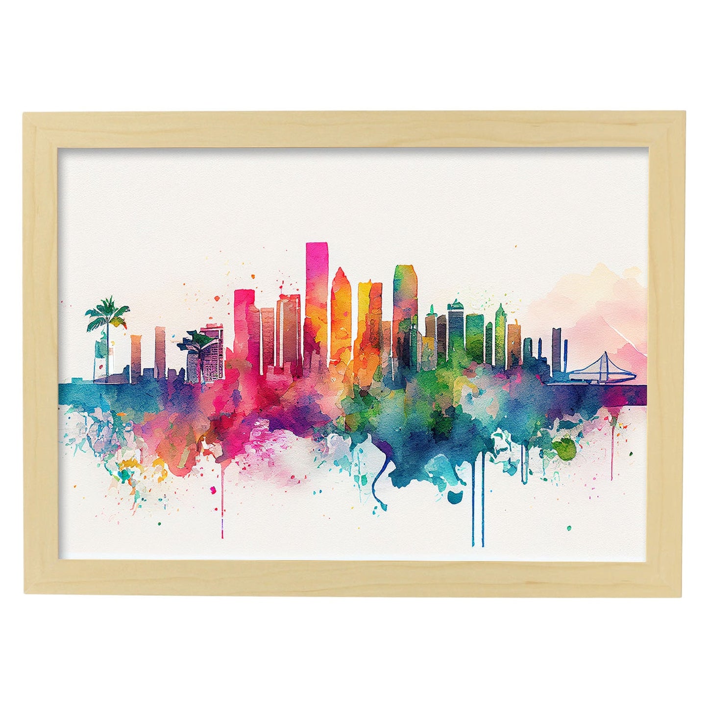 Nacnic watercolor of a skyline of the city of Miami_3. Aesthetic Wall Art Prints for Bedroom or Living Room Design.-Artwork-Nacnic-A4-Marco Madera Clara-Nacnic Estudio SL