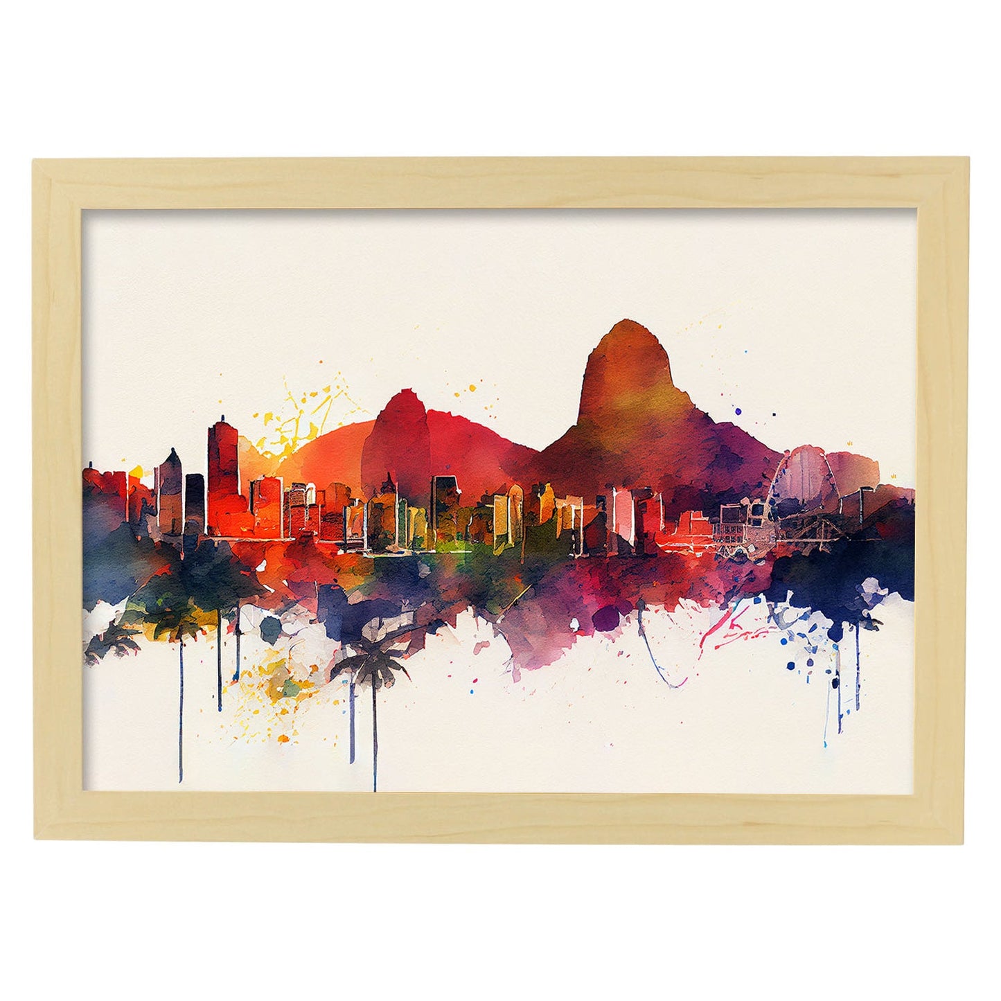 Nacnic watercolor of a skyline of the city of Rio de Janeiro_4. Aesthetic Wall Art Prints for Bedroom or Living Room Design.-Artwork-Nacnic-A4-Marco Madera Clara-Nacnic Estudio SL