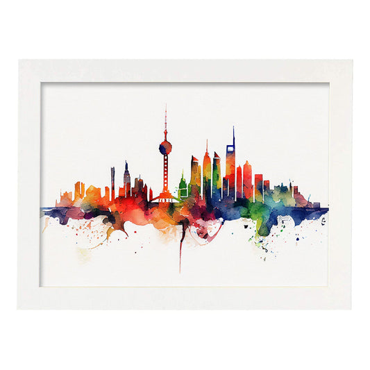 Nacnic watercolor of a skyline of the city of Shanghai_4. Aesthetic Wall Art Prints for Bedroom or Living Room Design.-Artwork-Nacnic-A4-Marco Blanco-Nacnic Estudio SL