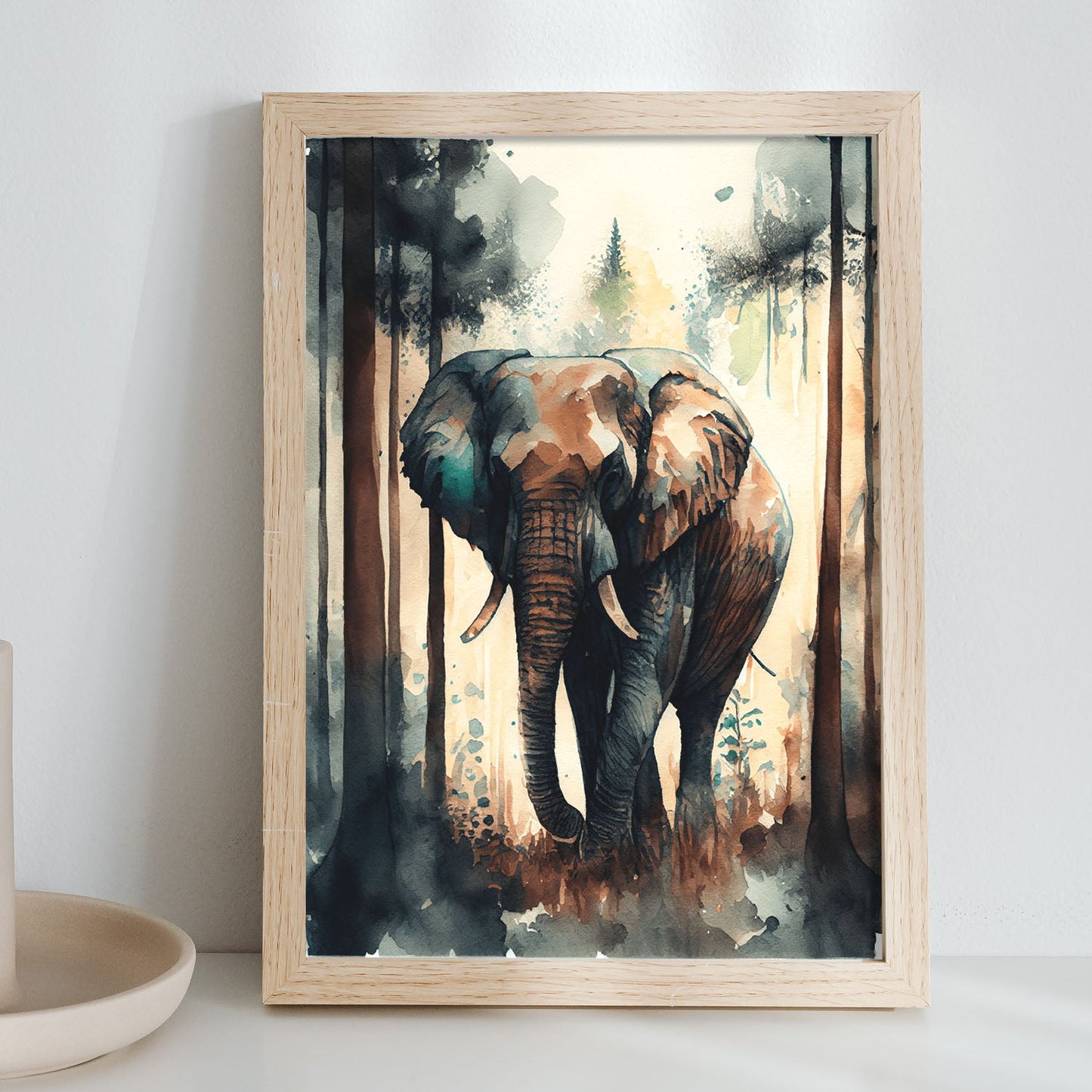 Lámina Acuarela de Elefante en el Bosque Nacnic