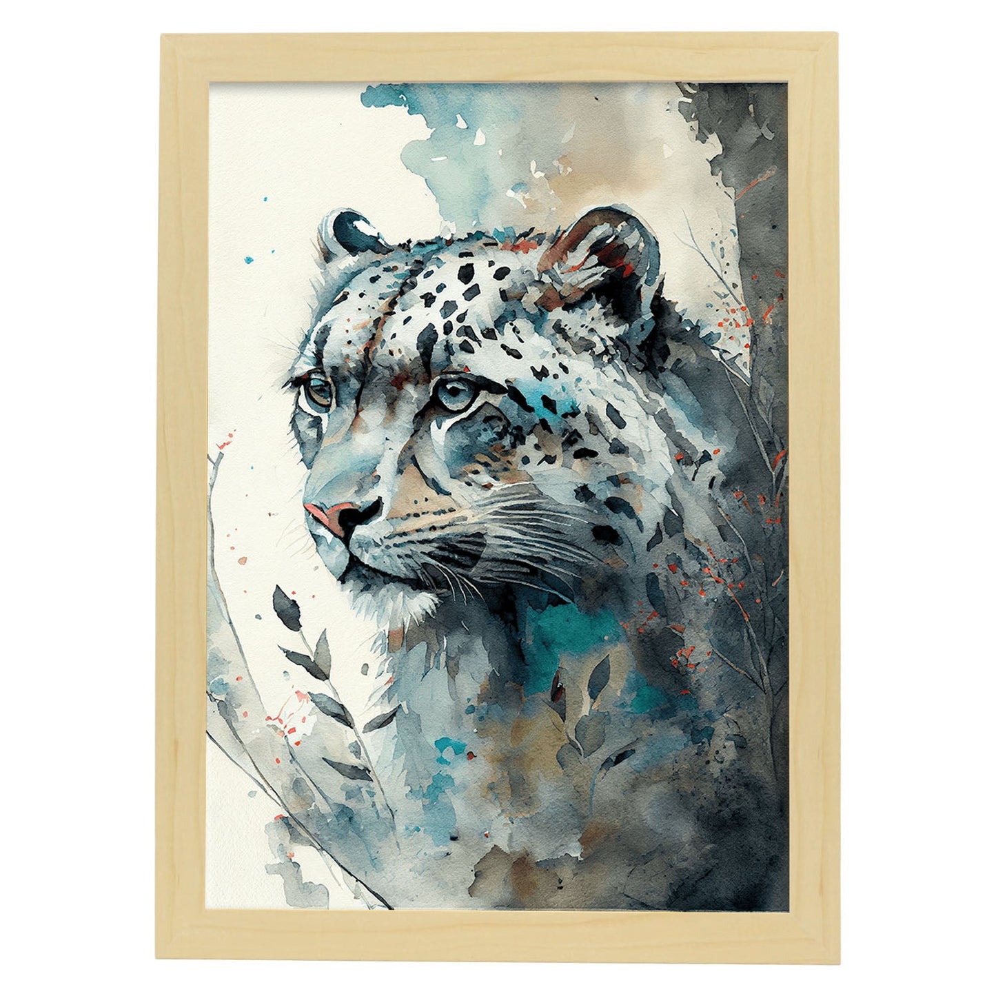 Lámina de Acuarela de Leopardo de las Nieves en el Bosque Nacnic