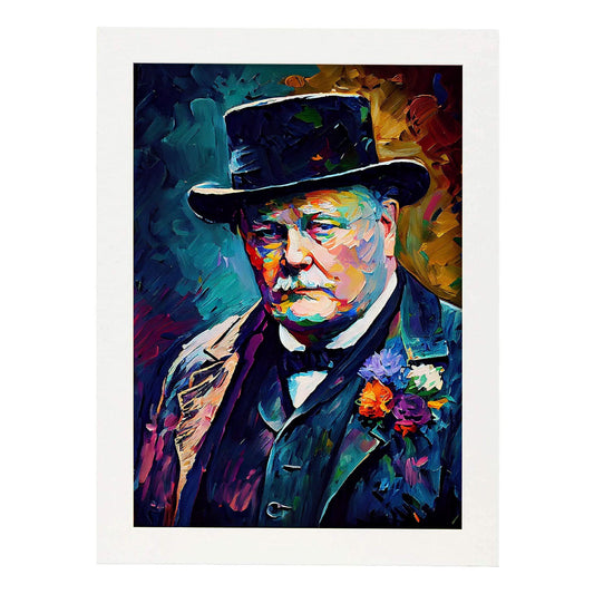 Nacnic Winston Churchill Pintura al óleo Strokes Colorfu. Estampados de arte de pared estético para el diseño de dormitorio o sala de estar.-Artwork-Nacnic-A4-Marco Blanco-Nacnic Estudio SL