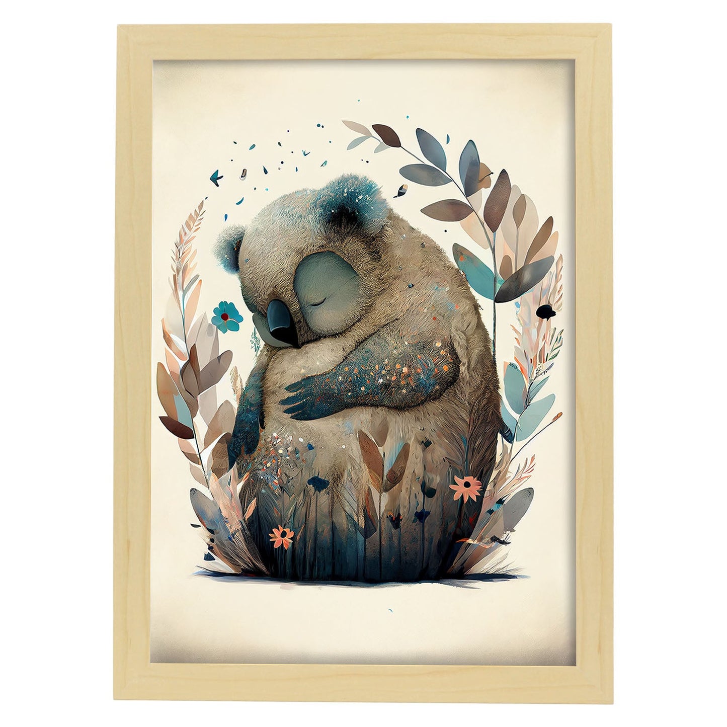 Nácnico abstracto dormido Fluffy Koala Precisionism Style Wh. Estampados de arte de pared estético para el diseño de dormitorio o sala de estar.-Artwork-Nacnic-A4-Marco Madera clara-Nacnic Estudio SL