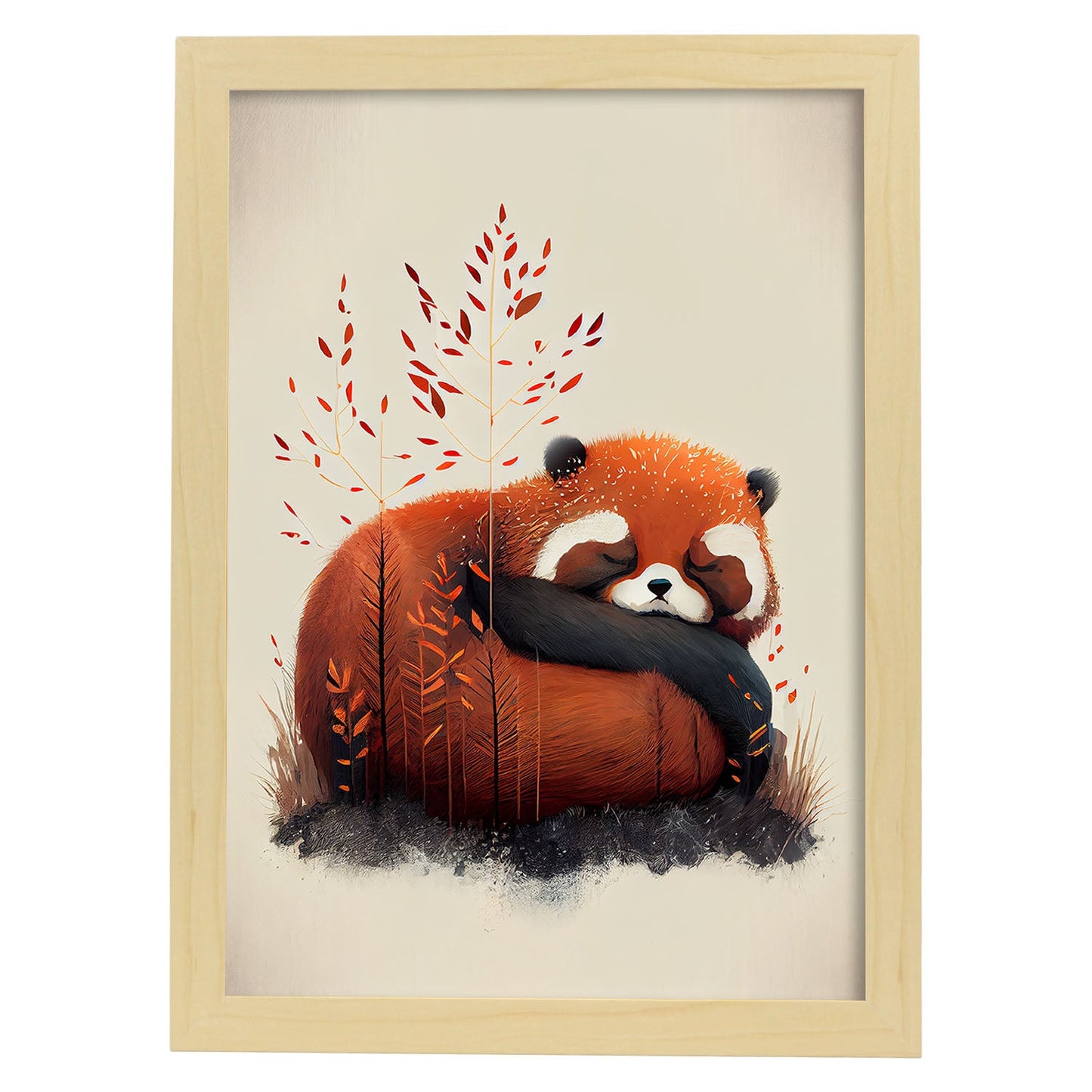 Nácnico abstracto duermo esponjoso panda rojo precisionism styl. Estampados de arte de pared estético para el diseño de dormitorio o sala de estar.-Artwork-Nacnic-A4-Marco Madera clara-Nacnic Estudio SL