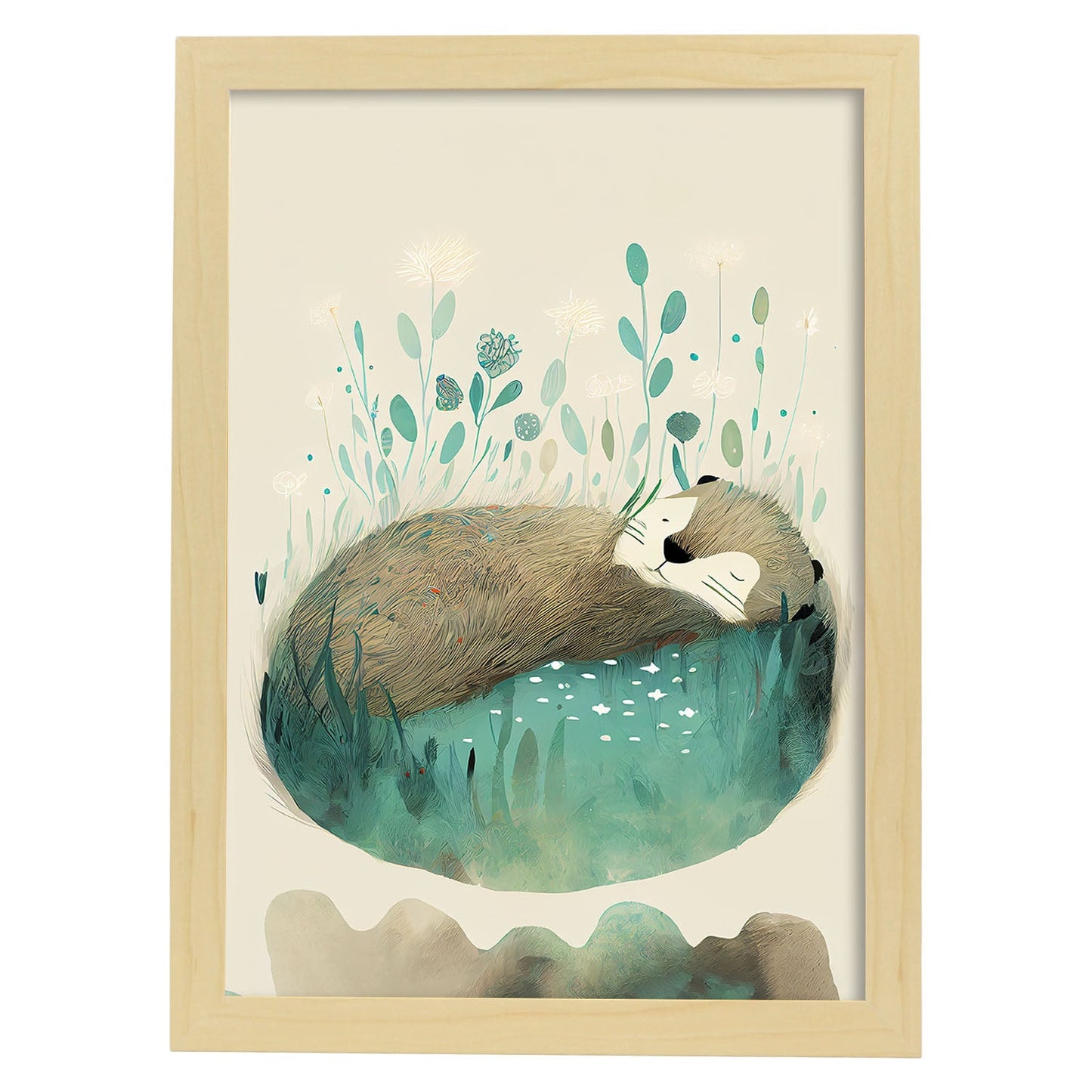 Nácnico abstracto durmiendo esponjoso nutria precisionismo estilo wh. Estampados de arte de pared estético para el diseño de dormitorio o sala de estar.-Artwork-Nacnic-A4-Marco Madera clara-Nacnic Estudio SL