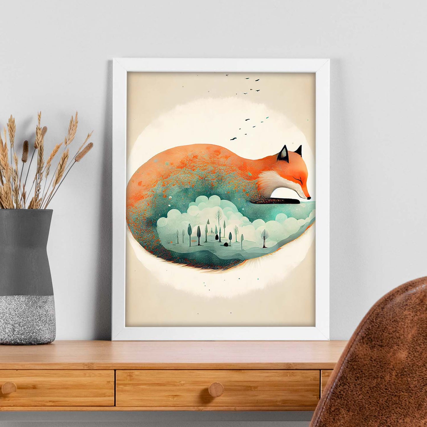 Nácnico abstracto durmiendo zorro esponjoso estilo precisionism thim. Estampados de arte de pared estético para el diseño de dormitorio o sala de estar.-Artwork-Nacnic-Nacnic Estudio SL