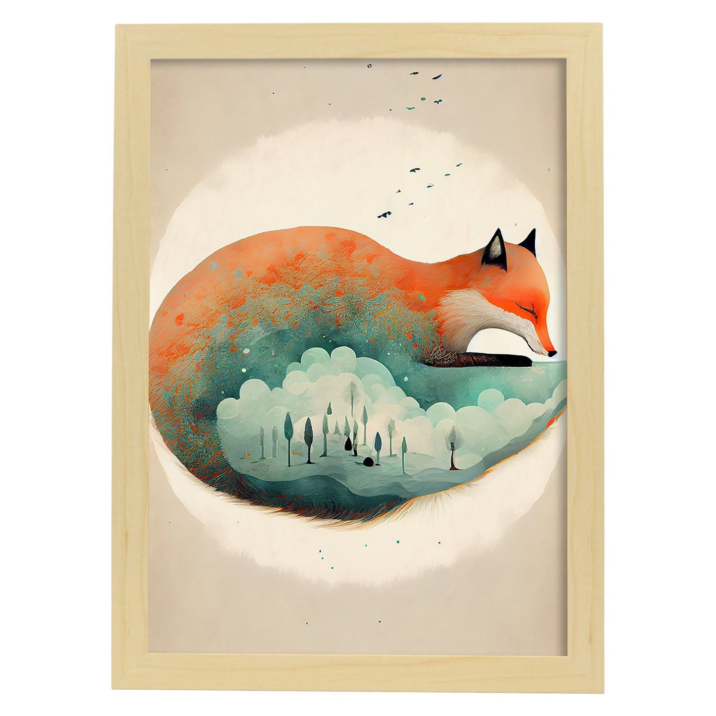 Nácnico abstracto durmiendo zorro esponjoso estilo precisionism thim. Estampados de arte de pared estético para el diseño de dormitorio o sala de estar.-Artwork-Nacnic-A4-Marco Madera clara-Nacnic Estudio SL