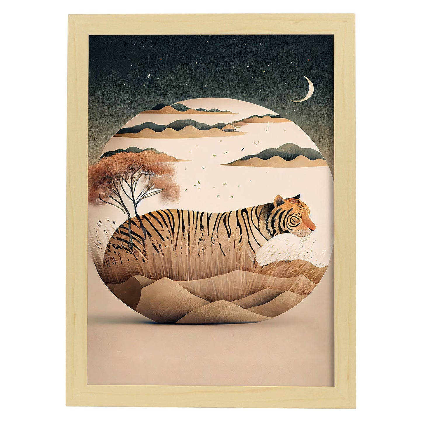 Nácnico abstracto para dormir Fluffy Tiger Precisionism Style Wh. Estampados de arte de pared estético para el diseño de dormitorio o sala de estar.-Artwork-Nacnic-A4-Marco Madera clara-Nacnic Estudio SL