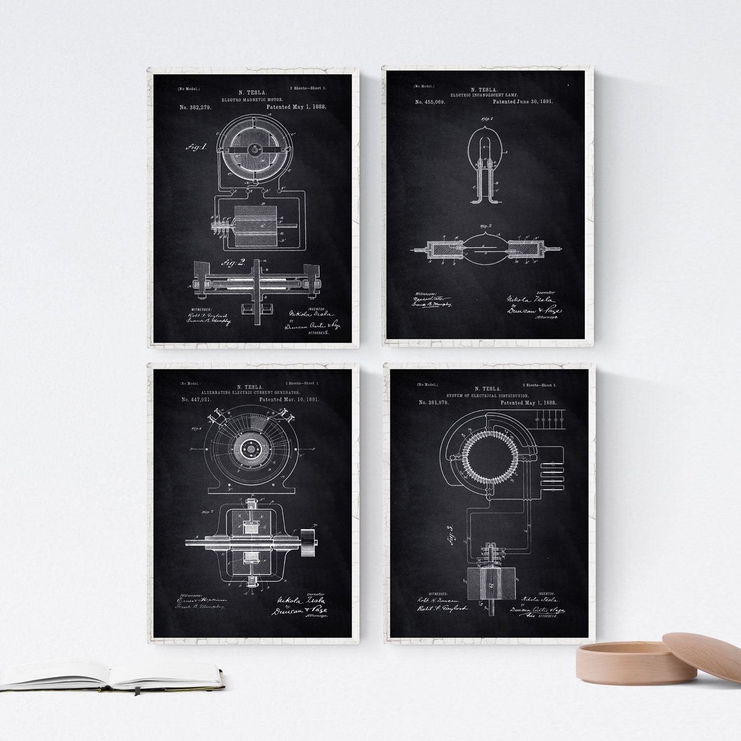 Negro - Pack de 4 Láminas con Patentes de Electricidad. Set de Posters con inventos y Patentes Antiguas.-Artwork-Nacnic-Nacnic Estudio SL
