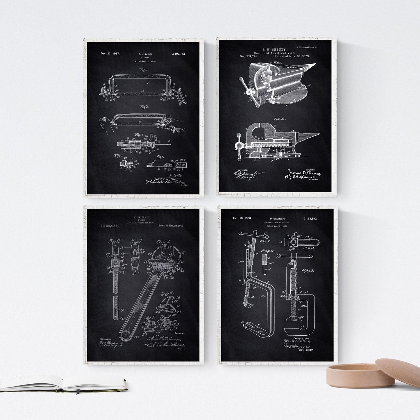 Negro - Pack de 4 Láminas con Patentes de Herramientas 2. Set de Posters con inventos y Patentes Antiguas.-Artwork-Nacnic-Nacnic Estudio SL