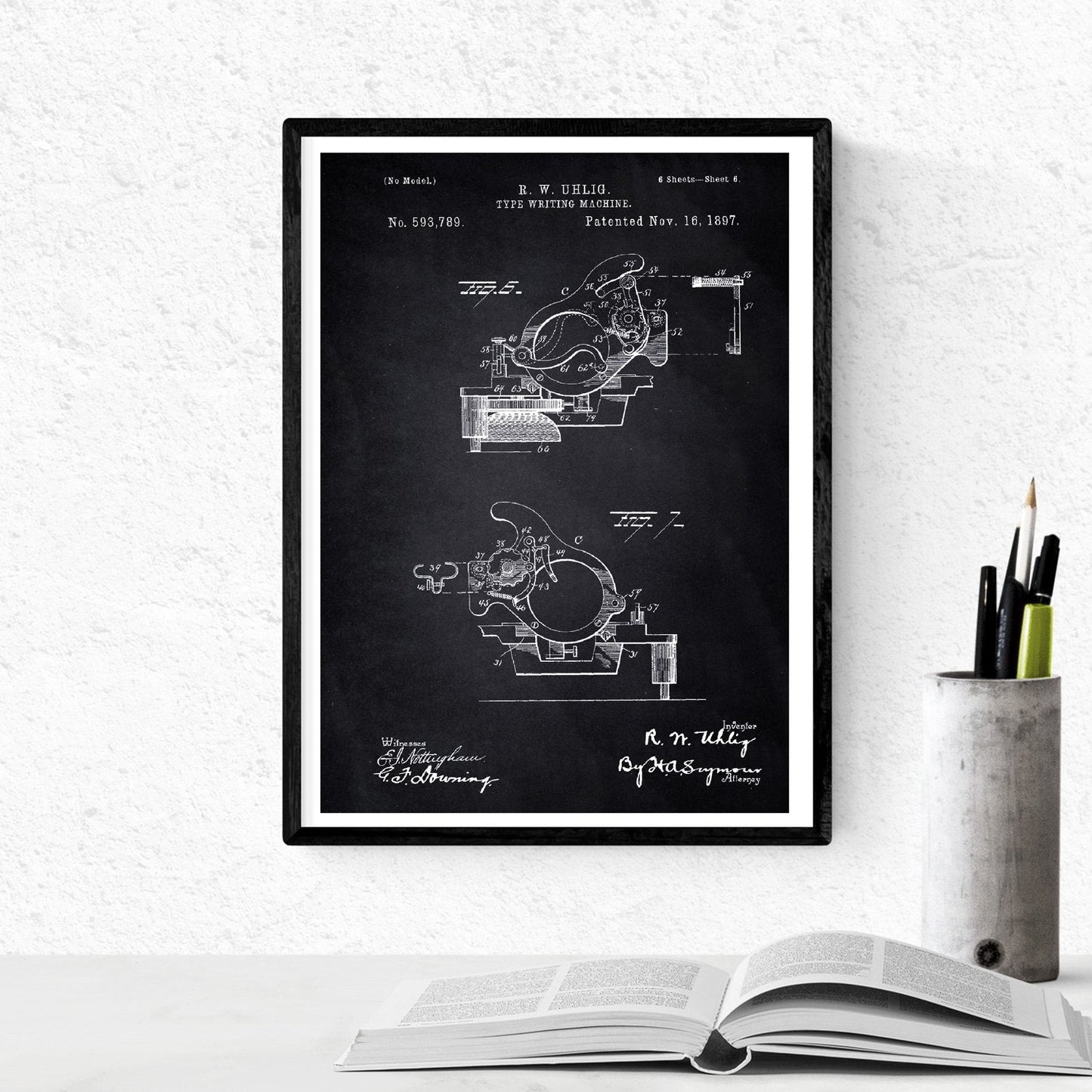 Negro - Pack de 4 Láminas con Patentes de Máquinas de Escribir. Set de Posters con inventos y Patentes Antiguas.-Artwork-Nacnic-Nacnic Estudio SL