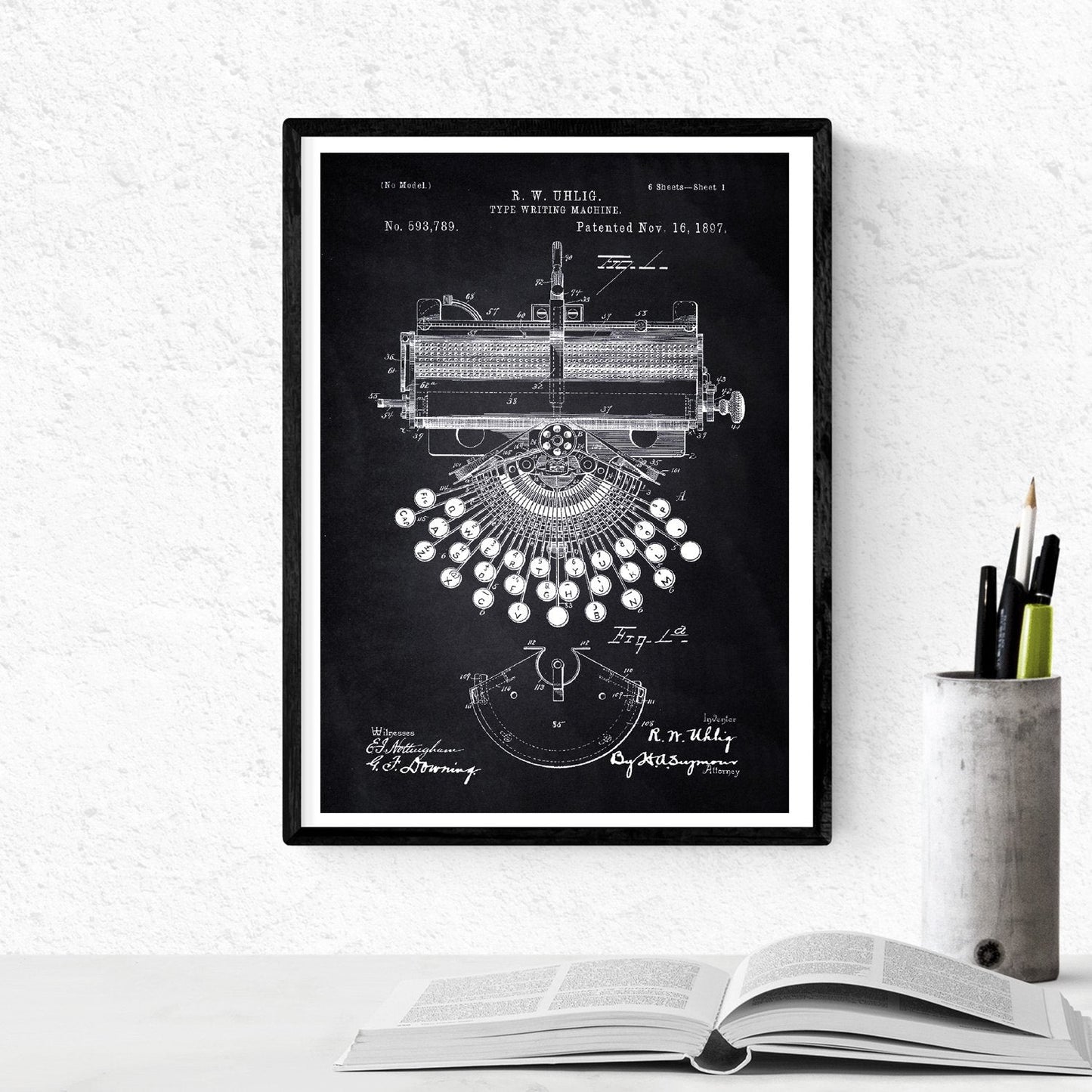 Negro - Pack de 4 Láminas con Patentes de Máquinas de Escribir. Set de Posters con inventos y Patentes Antiguas.-Artwork-Nacnic-Nacnic Estudio SL