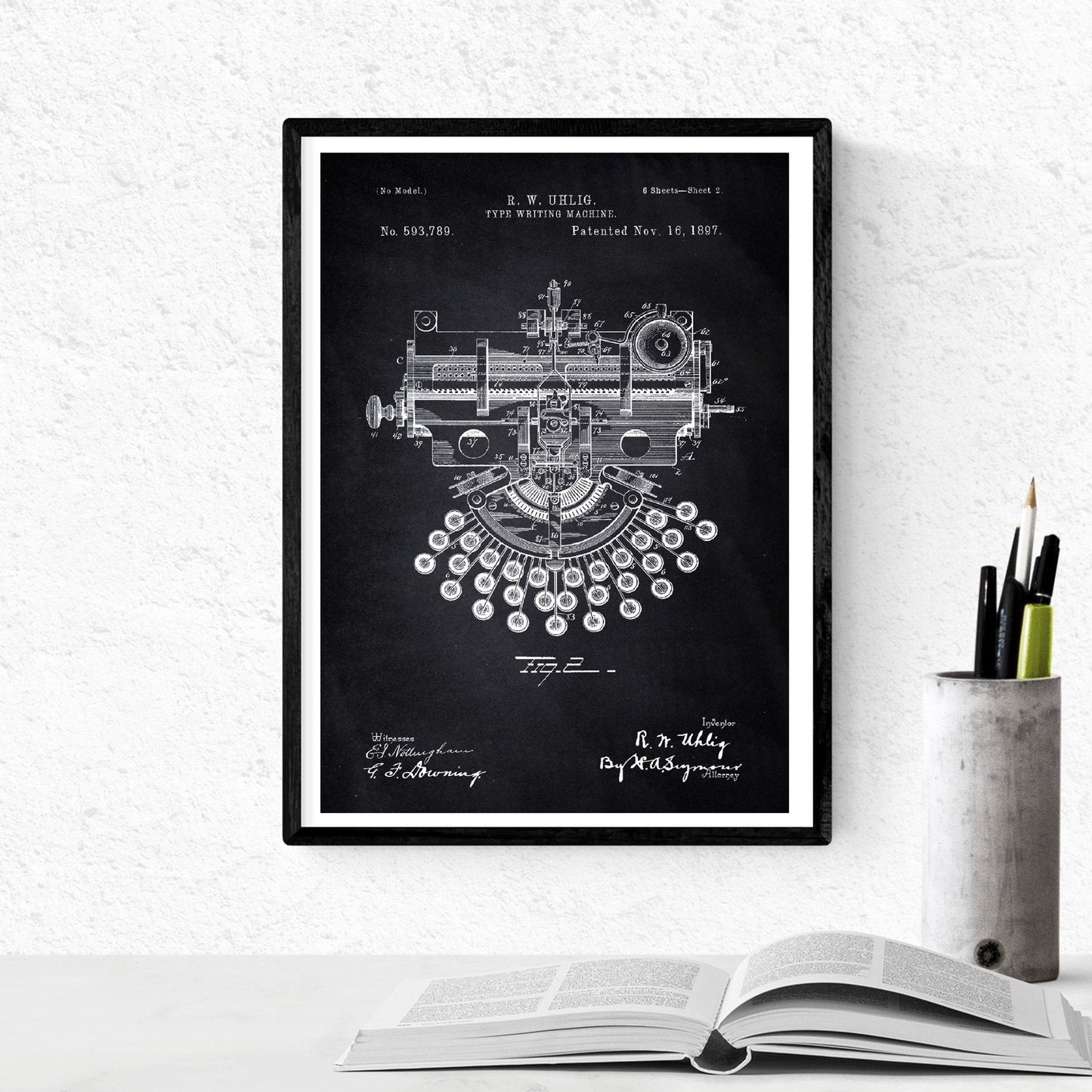 Negro - Pack de 4 Láminas con Patentes de Máquinas de Escribir. Set de Posters con inventos y Patentes Antiguas.-Artwork-Nacnic-Nacnic Estudio SL