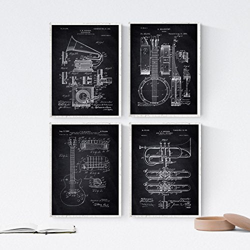 Negro - Pack de 4 Láminas con Patentes de Música. Set de Posters con inventos y Patentes Antiguas.-Artwork-Nacnic-Nacnic Estudio SL