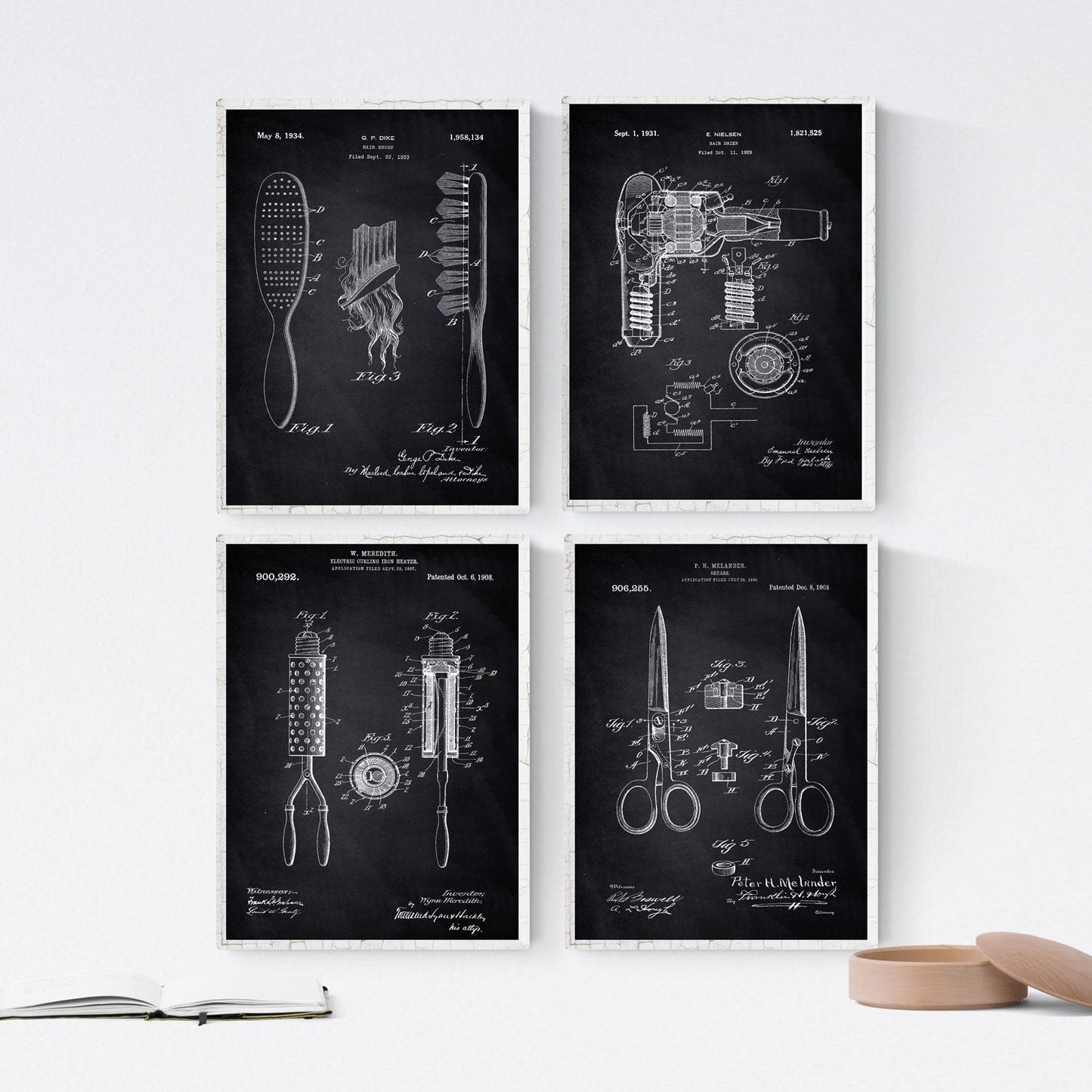 Negro - Pack de 4 Láminas con Patentes de Peluquería. Set de Posters con inventos y Patentes Antiguas.-Artwork-Nacnic-Nacnic Estudio SL