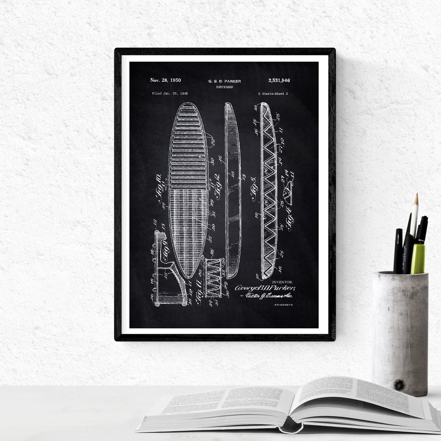 Negro - Pack de 4 Láminas con Patentes de Surf. Set de Posters con inventos y Patentes Antiguas.-Artwork-Nacnic-Nacnic Estudio SL