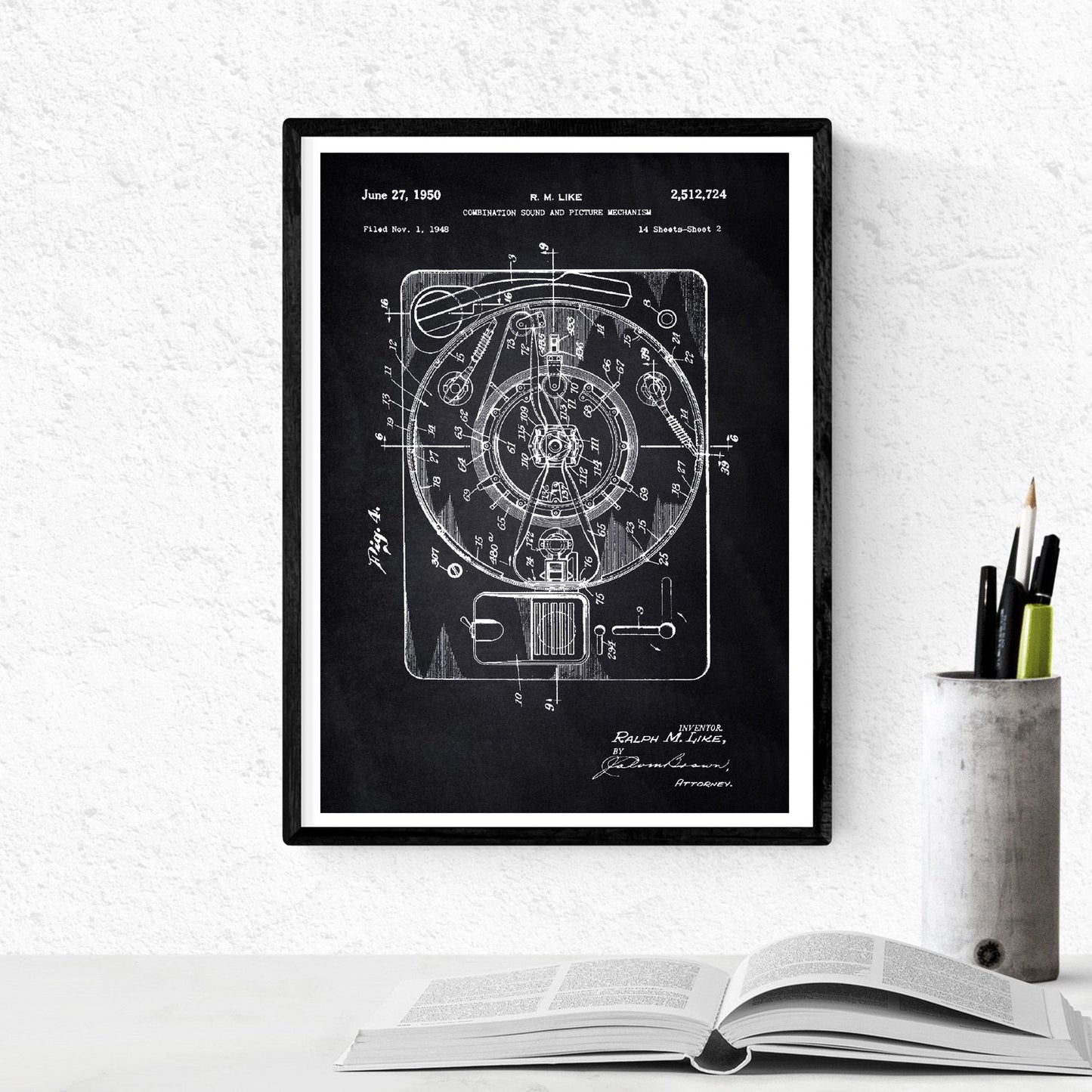 Negro - Pack de 4 Láminas con Patentes de Tocadiscos. Set de Posters con inventos y Patentes Antiguas.-Artwork-Nacnic-Nacnic Estudio SL