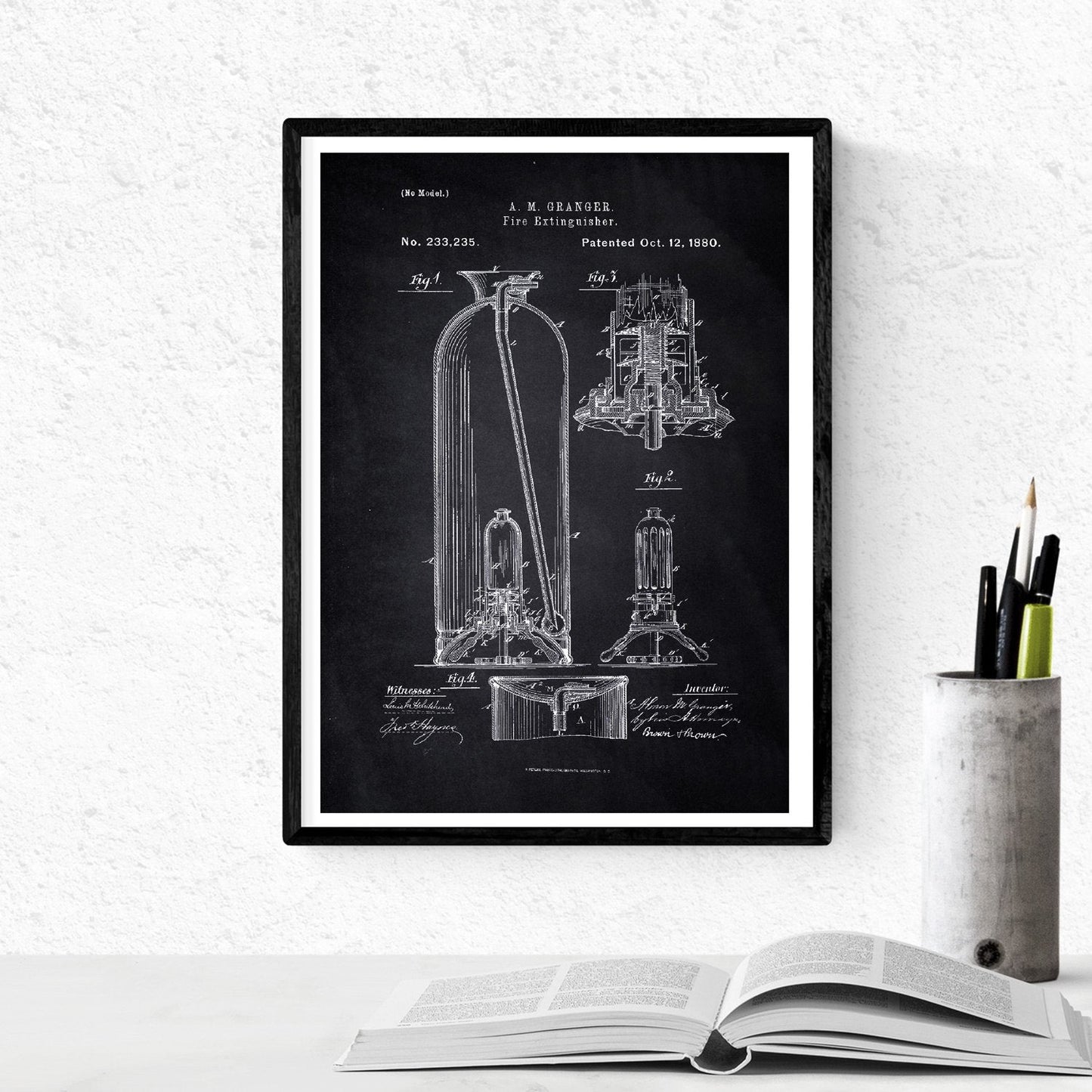 Negro - Pack de 4 Láminas con Patentes del Cuerpo de Bomberos. Set de Posters con inventos y Patentes Antiguas.-Artwork-Nacnic-Nacnic Estudio SL