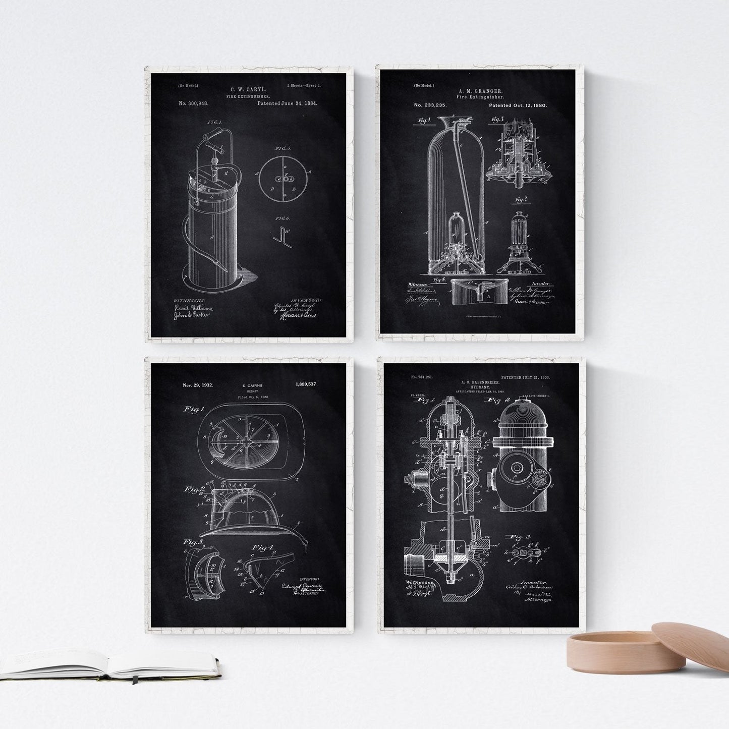 Negro - Pack de 4 Láminas con Patentes del Cuerpo de Bomberos. Set de Posters con inventos y Patentes Antiguas.-Artwork-Nacnic-Nacnic Estudio SL