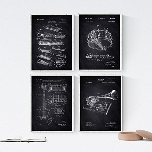 NEGRO - Pack de 4 láminas con PATENTES relacionadas con el BLUES. Set de posters con inventos y patentes antiguas.-Artwork-Nacnic-Nacnic Estudio SL