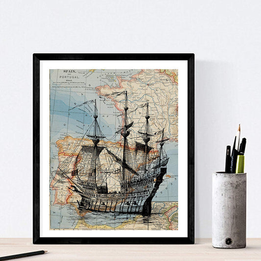 PACK de 3 láminas para enmarcar MAPAS VINTAGE. Compuesto por Barco VELERO, BICICLETA Y VIOLINES. Estillo Vintage basado en MAPAS ANTIGUOS.-Artwork-Nacnic-Nacnic Estudio SL