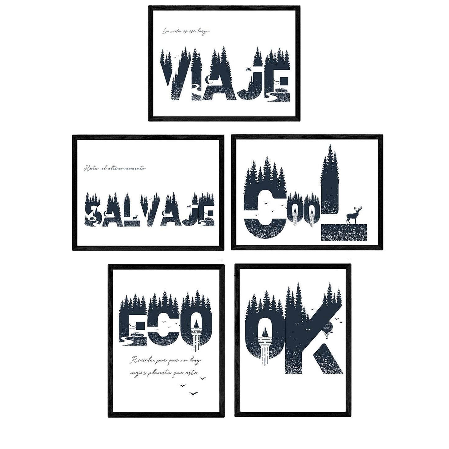 Pack de Cinco Posters con Mensajes positivos. Salvaje, Cool, Viaje, Eco, Ok.-Artwork-Nacnic-Nacnic Estudio SL