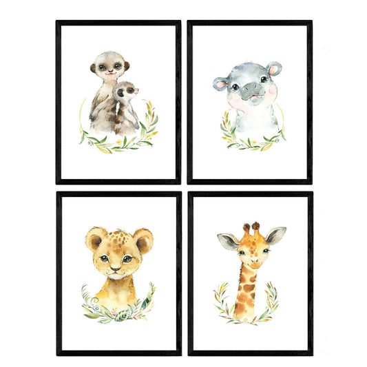 Pack de cuatro láminas con ilustraciones de animales. Girafa hipopotamo suricatas y leon.-Artwork-Nacnic-Nacnic Estudio SL