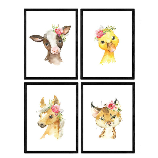 Pack de cuatro láminas con ilustraciones de animales. Leopardo pato vaca y caballo.-Artwork-Nacnic-Nacnic Estudio SL