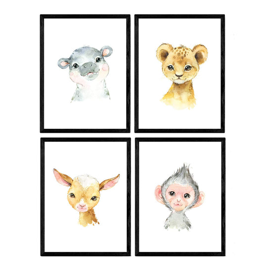 Pack de cuatro láminas con ilustraciones de animales. Mono leon hipopotamo y cabra.-Artwork-Nacnic-Nacnic Estudio SL
