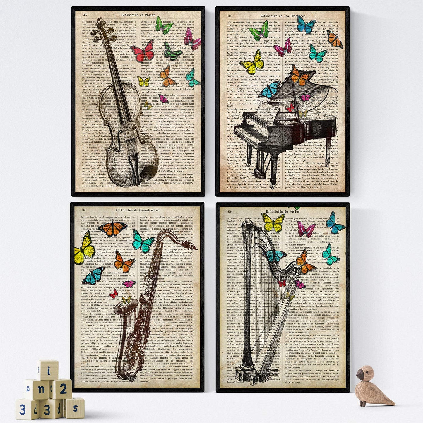 Pack de Cuatro láminas Vintage Piano, Arpa, Violin Y Saxon con definiciones música, emociones, comunicacion, Placer. 250 Gr-Artwork-Nacnic-Nacnic Estudio SL