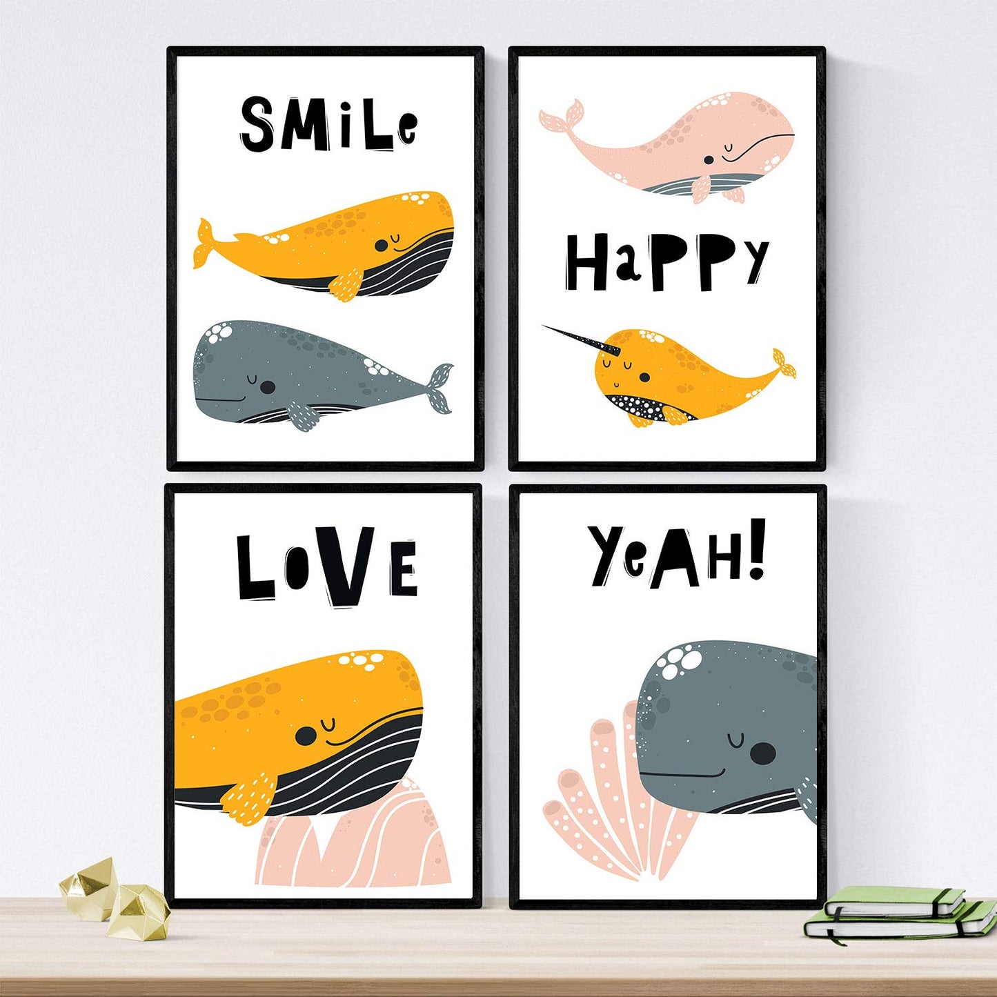 Pack de Cuatro Posters con Ilustraciones de Ballenas. Láminas con imágenes Infantiles de Ballenas. Ballenas de Colores Rosa Naranja y Gris con Mensajes positivos.-Artwork-Nacnic-Nacnic Estudio SL