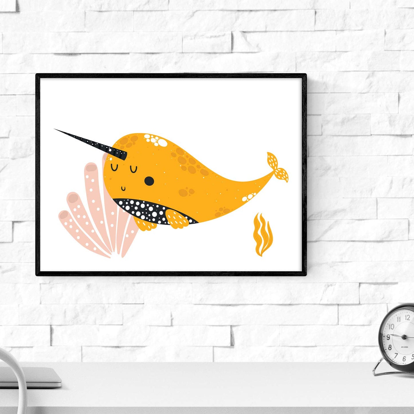 Pack de Cuatro Posters con Ilustraciones de Ballenas. Láminas con imágenes Infantiles de Ballenas. Ballenas en el Fondo del mar Naranja Gris y Rosa.-Artwork-Nacnic-Nacnic Estudio SL