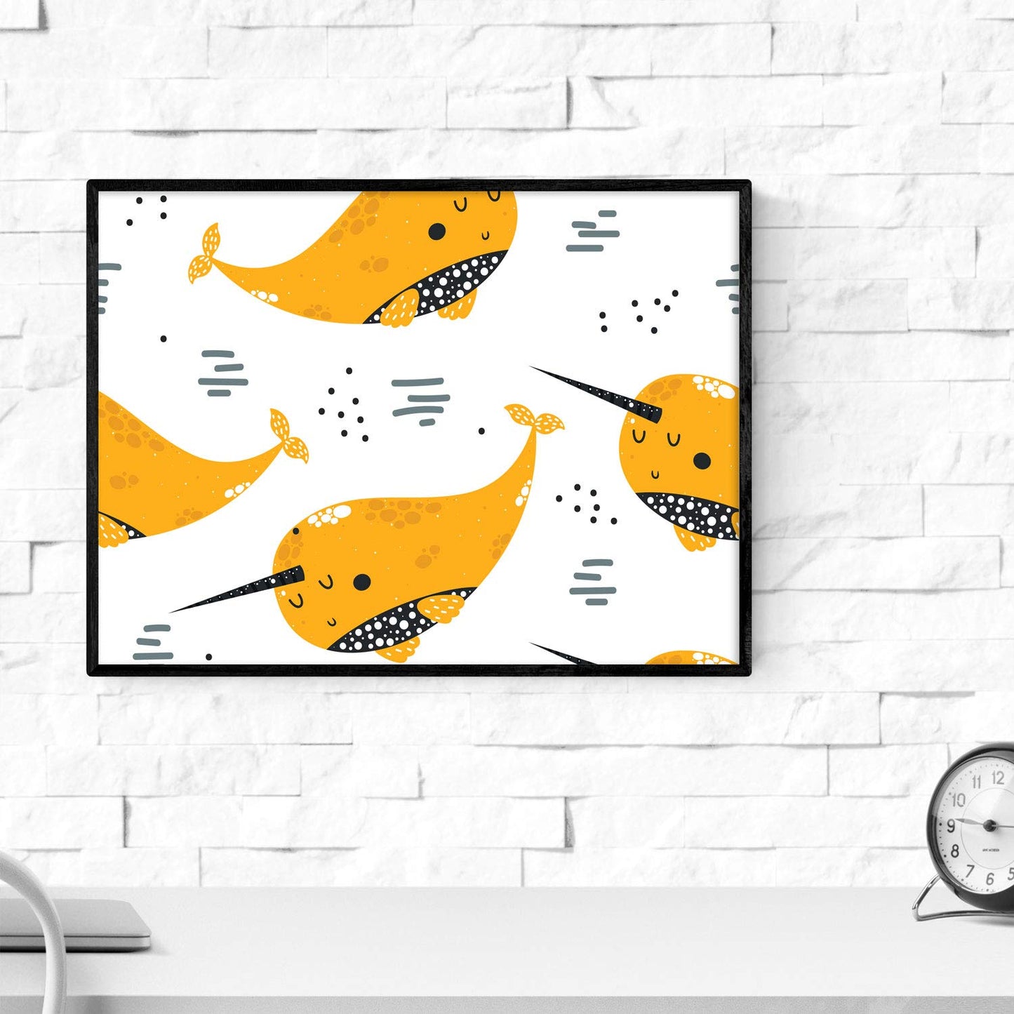 Pack de Cuatro Posters con Ilustraciones de Ballenas. Láminas con imágenes Infantiles de Ballenas. Ballenas Naranja Gris Faro y Estrella de mar.-Artwork-Nacnic-Nacnic Estudio SL