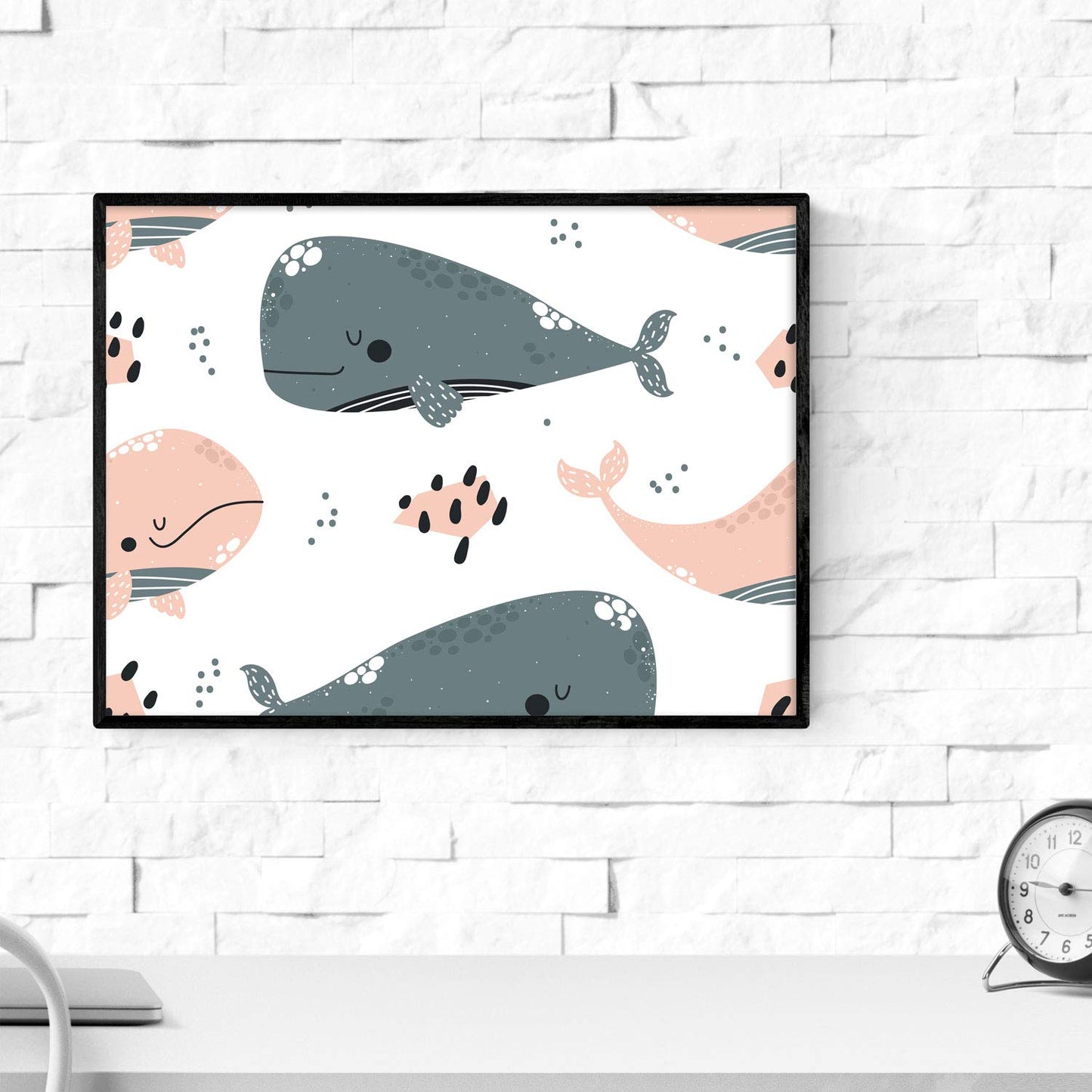 Pack de Cuatro Posters con Ilustraciones de Ballenas. Láminas con imágenes Infantiles de Ballenas. Ballenas Naranja Gris Faro y Estrella de mar.-Artwork-Nacnic-Nacnic Estudio SL