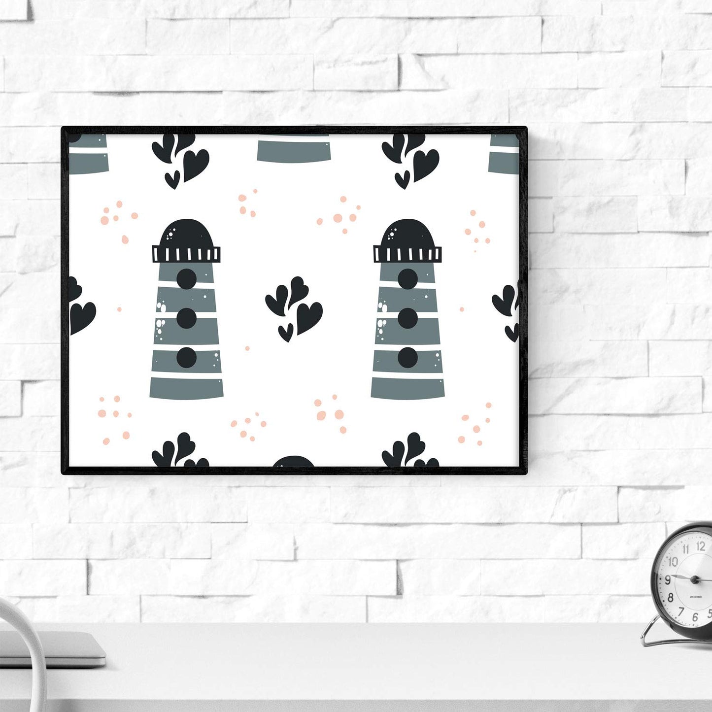 Pack de Cuatro Posters con Ilustraciones de Ballenas. Láminas con imágenes Infantiles de Ballenas. Ballenas Naranja Gris Faro y Estrella de mar.-Artwork-Nacnic-Nacnic Estudio SL