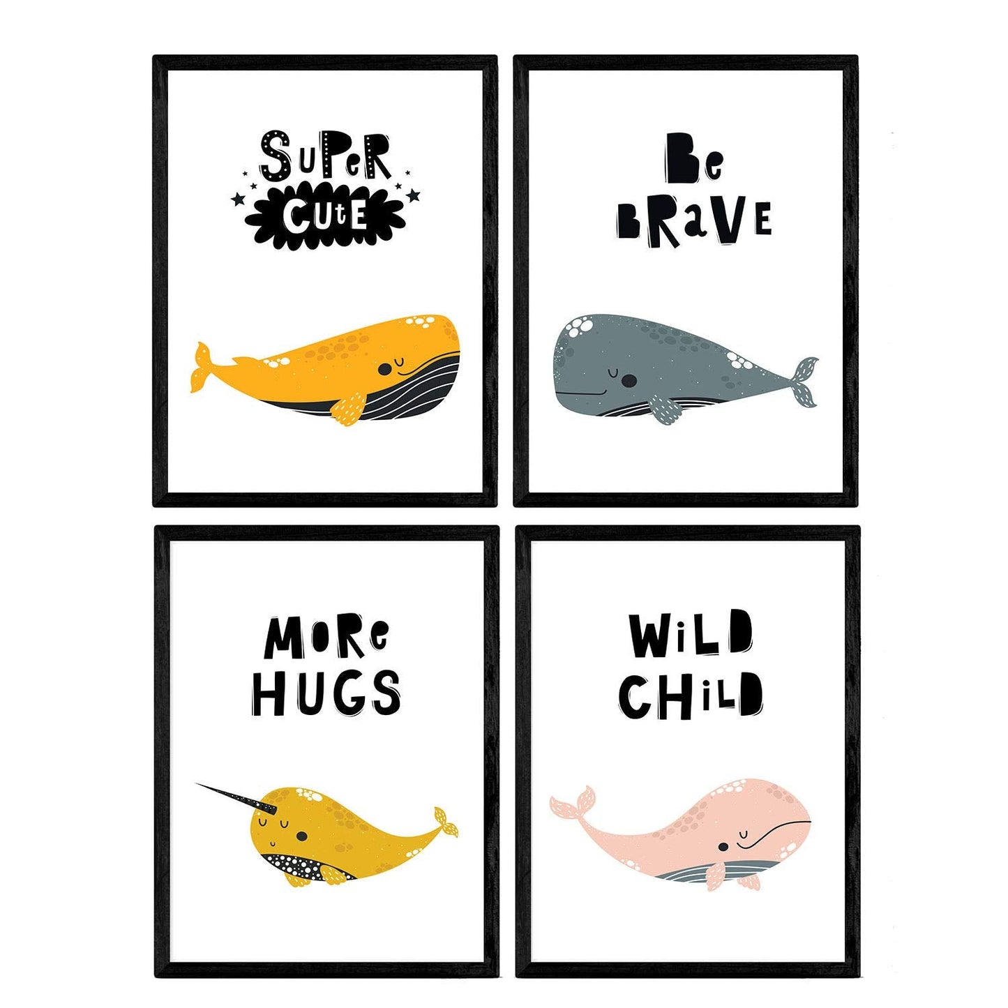 Pack de Cuatro Posters con Ilustraciones de Ballenas. Láminas con imágenes Infantiles de Ballenas. Ballenas Palabras Abrazo Salvaje Bonito y Valiente.-Artwork-Nacnic-Nacnic Estudio SL