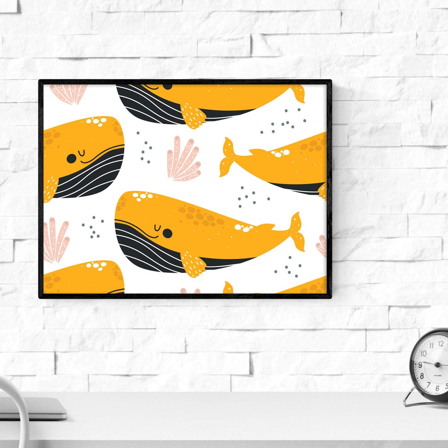 Pack de cuatro posters con ilustraciones de ballenas. Láminas con imágenes infantiles de ballenas. Ballenas rosa gris naranja.-Artwork-Nacnic-Nacnic Estudio SL
