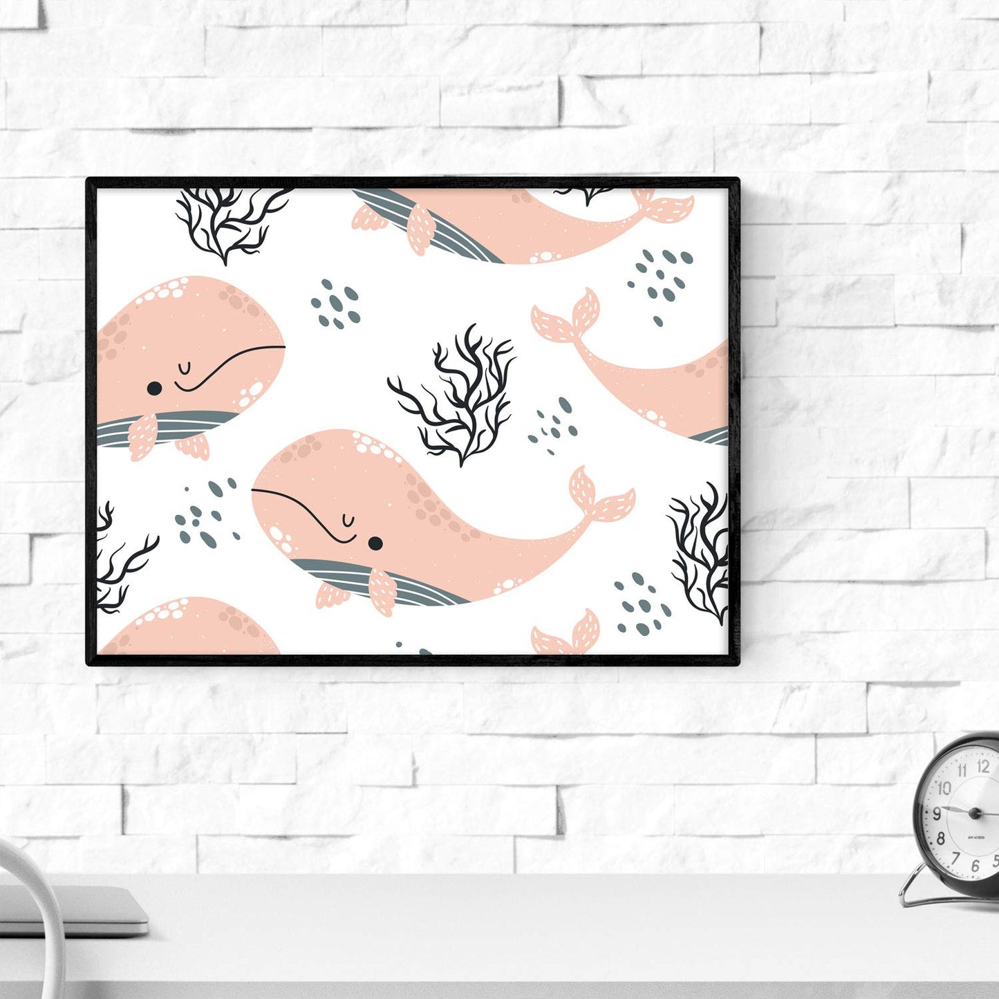 Pack de cuatro posters con ilustraciones de ballenas. Láminas con imágenes infantiles de ballenas. Ballenas rosa gris naranja.-Artwork-Nacnic-Nacnic Estudio SL