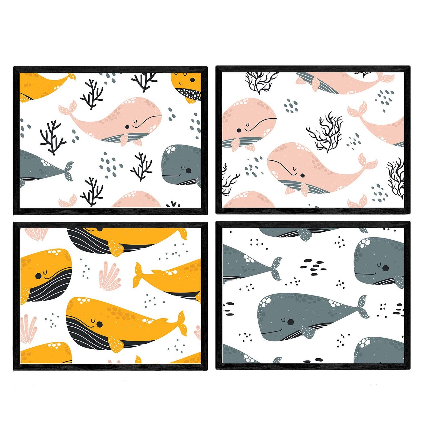 Pack de cuatro posters con ilustraciones de ballenas. Láminas con imágenes infantiles de ballenas. Ballenas rosa gris naranja.-Artwork-Nacnic-Nacnic Estudio SL