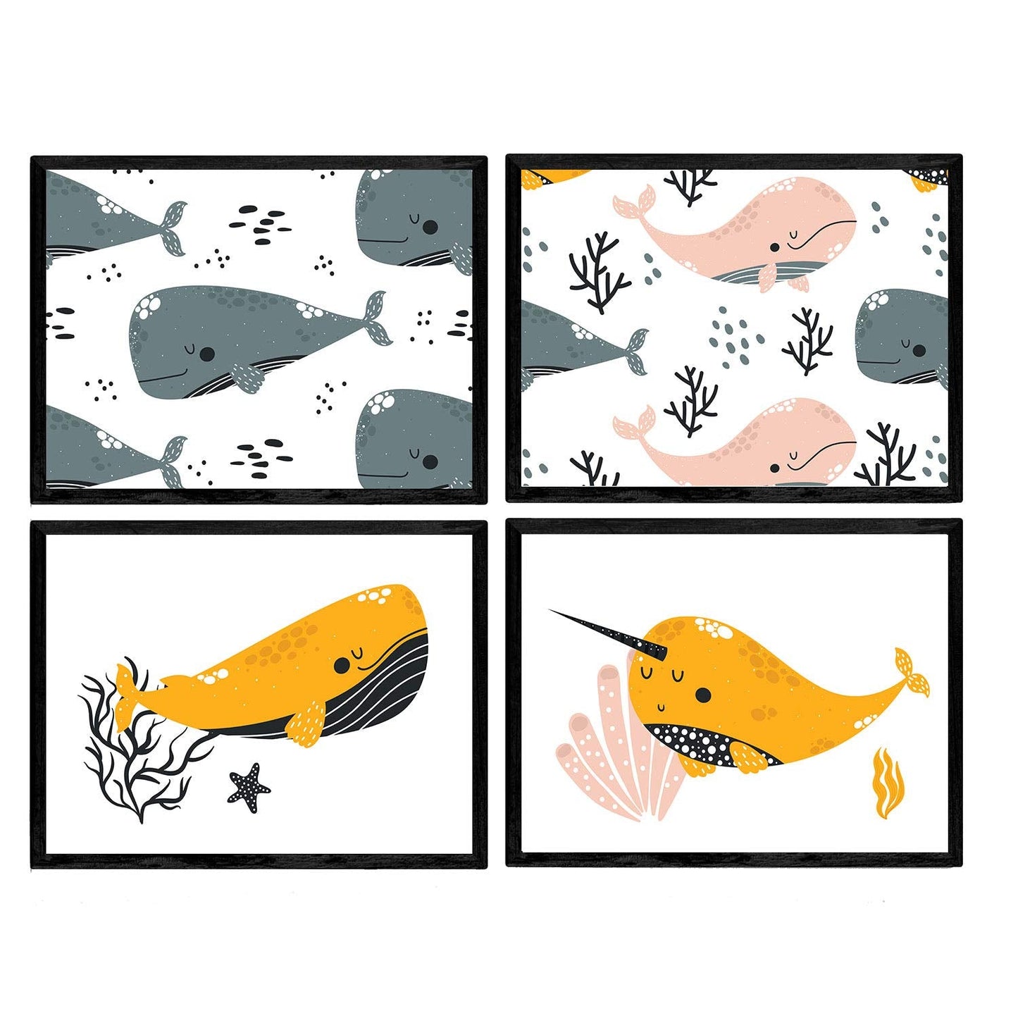 Pack de Cuatro Posters con Ilustraciones de Ballenas. Láminas con imágenes Infantiles de Ballenas. Composicion Ballenas en Fondo de mar.-Artwork-Nacnic-Nacnic Estudio SL