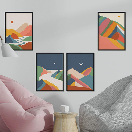 Pack de posters con dibujos de montañas a color. Set de láminas de decoración 'Montaña De Noche Y Día' coloridas-Artwork-Nacnic-Nacnic Estudio SL