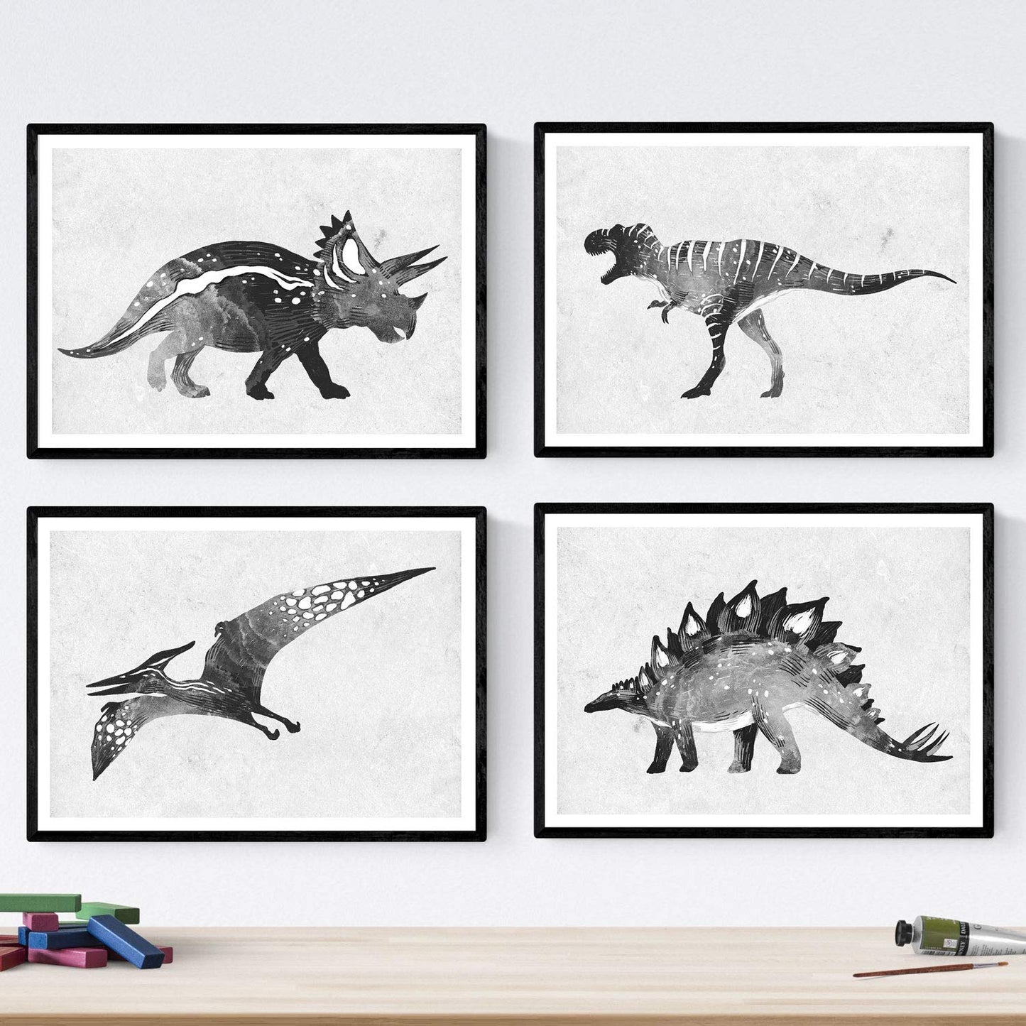 Pack de posters de Dinosaurios acuarela negro. Láminas de dinosaurios para niños.-Artwork-Nacnic-Nacnic Estudio SL