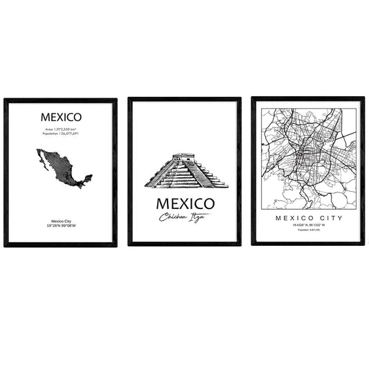 Pack de posters de paises y monumentos. Mapa ciudad de Mejico monumento Tzitzen Itza y mapa Mejico.-Artwork-Nacnic-Nacnic Estudio SL