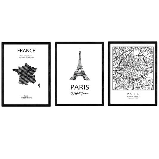 Pack de posters de paises y monumentos. Mapa ciudad de paris, monumento torre Eifell y mapa Francia.-Artwork-Nacnic-Nacnic Estudio SL